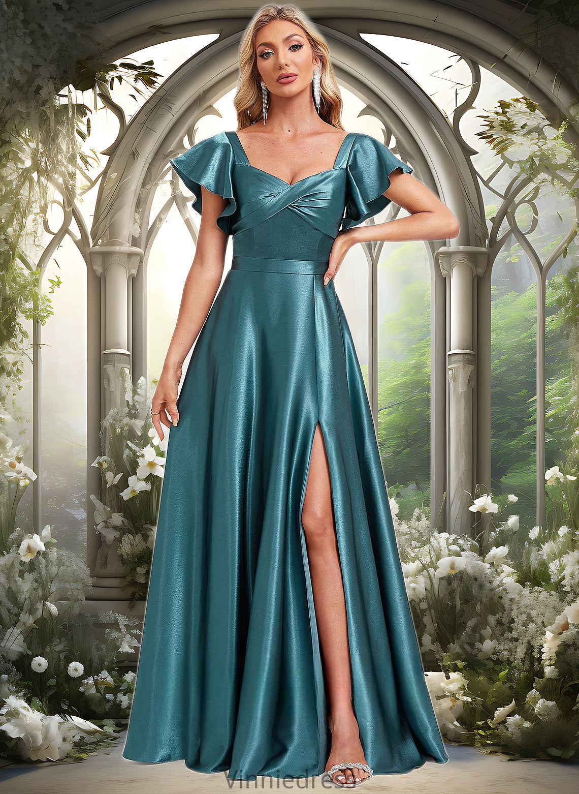 Rachael A-line V-Neck Floor-Length Stretch Satin Bridesmaid Dress With Ruffle PP6P0025780