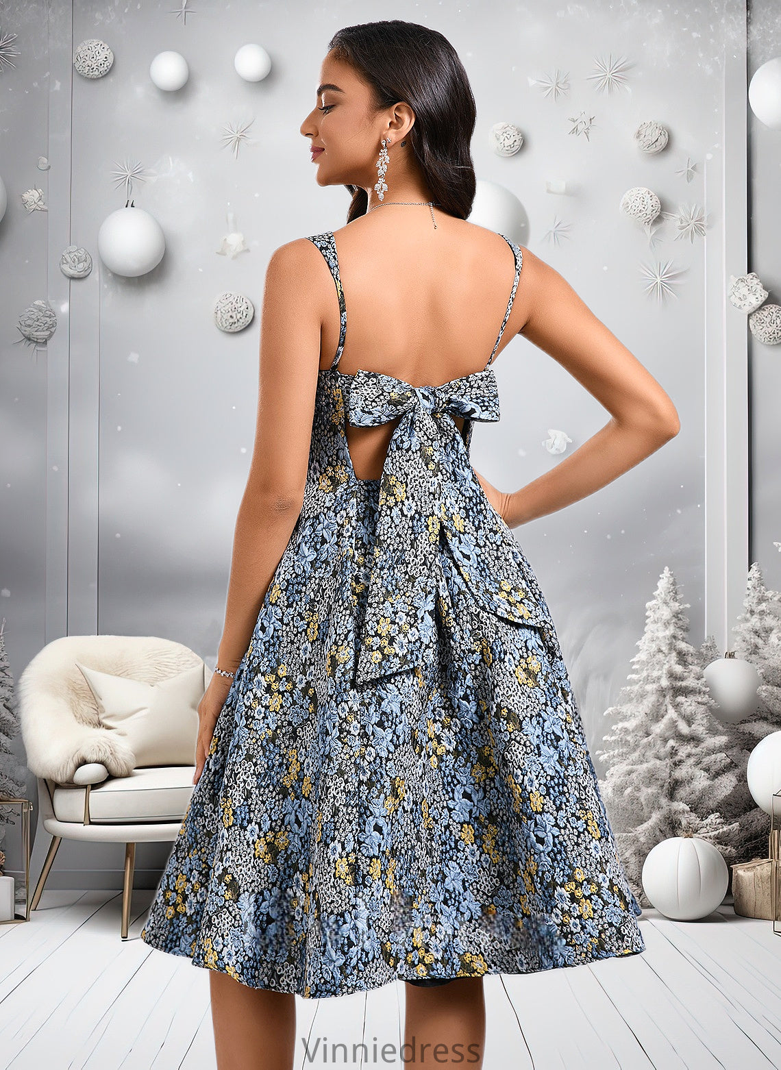 Jess A-line Square Knee-Length Jacquard Homecoming Dress With Bow PP6P0025687