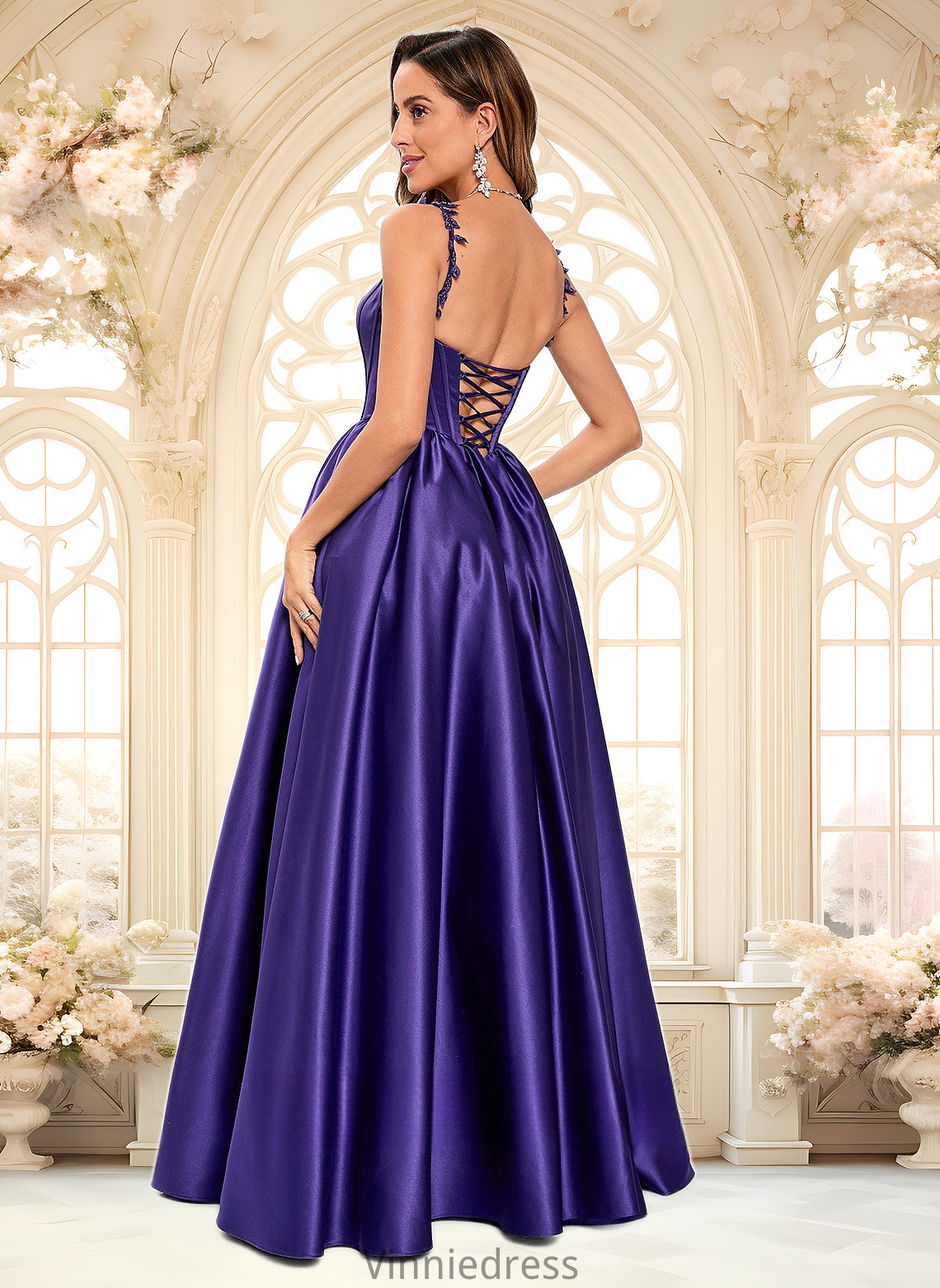 Kennedy Ball-Gown/Princess Scoop Floor-Length Satin Prom Dresses With Appliques Lace Beading PP6P0025865