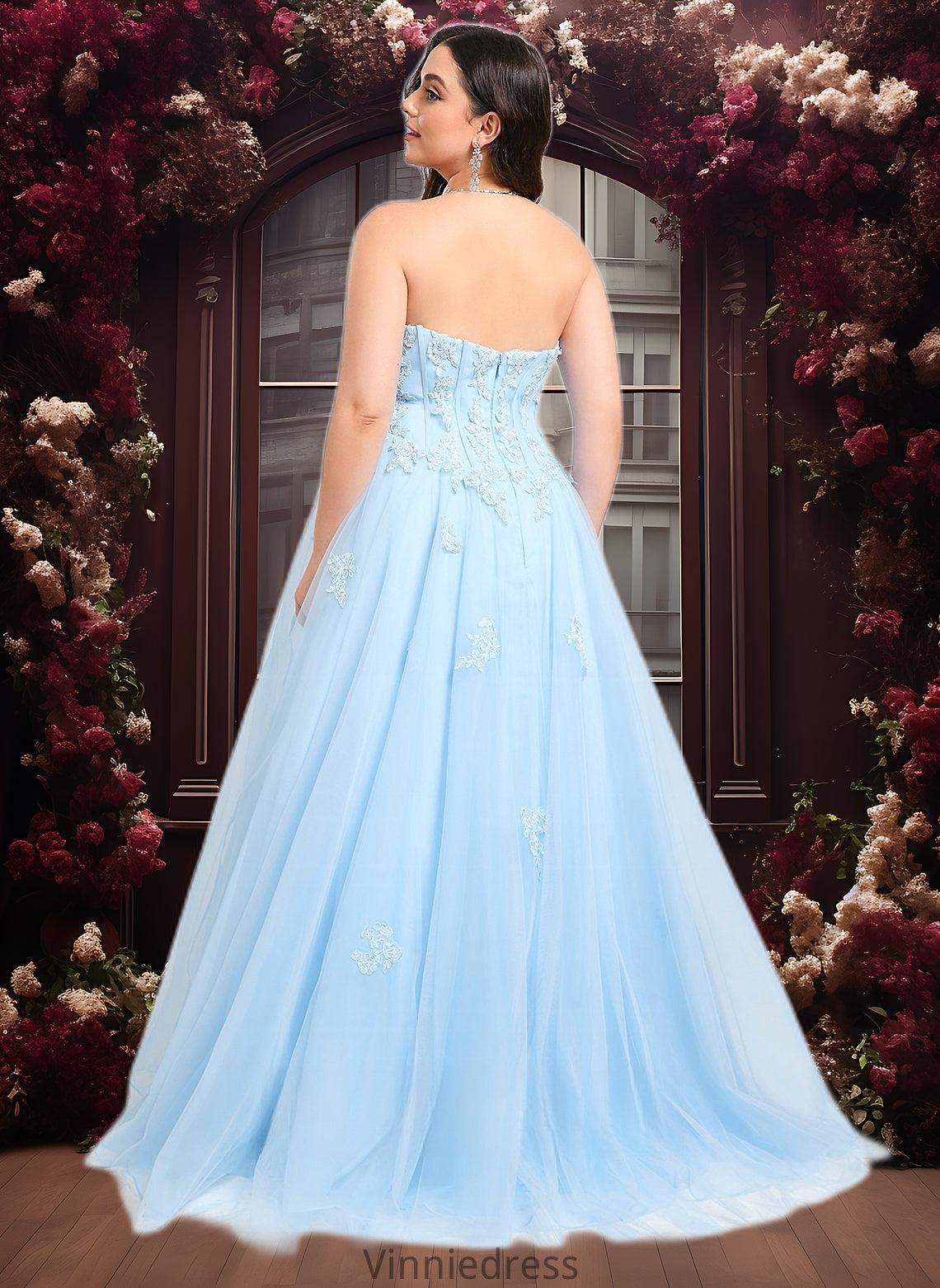 Logan Ball-Gown/Princess Straight Sweep Train Tulle Prom Dresses With Sequins Appliques Lace PP6P0025864