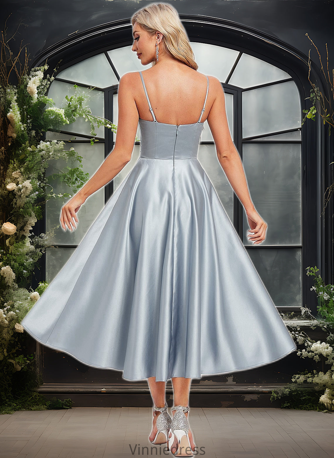 Summer A-line V-Neck Tea-Length Satin Bridesmaid Dress PP6P0025794