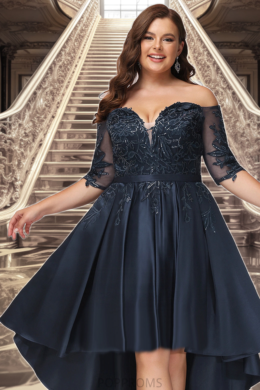 Monica A-line Off the Shoulder Asymmetrical Lace Satin Homecoming Dress With Sequins PP6P0020580