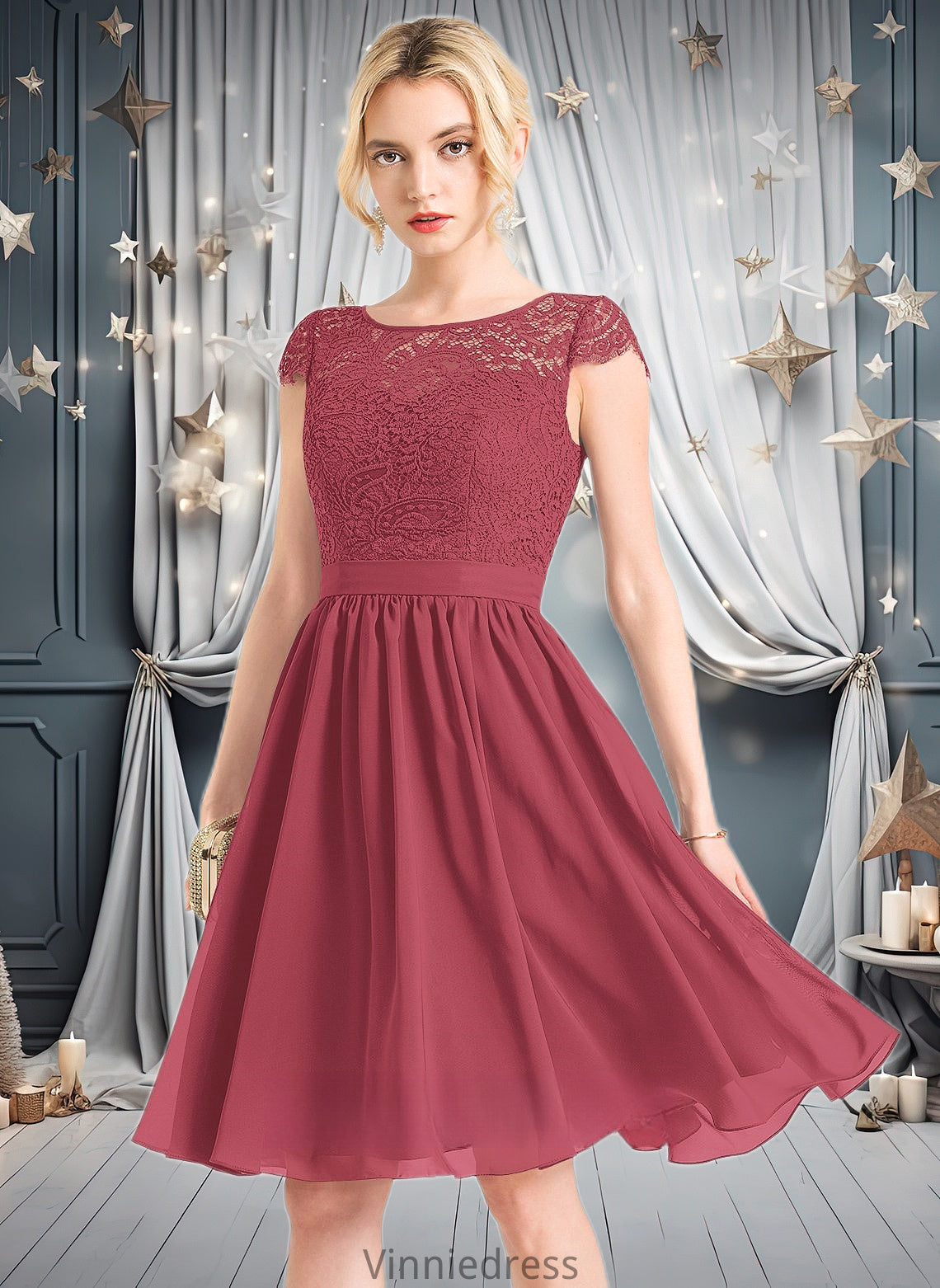 Riya A-line Scoop Knee-Length Lace Chiffon Homecoming Dress PP6P0025698