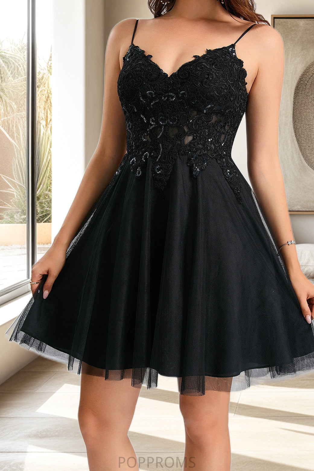 Lesley A-line V-Neck Short/Mini Tulle Homecoming Dress With Sequins PP6P0020462