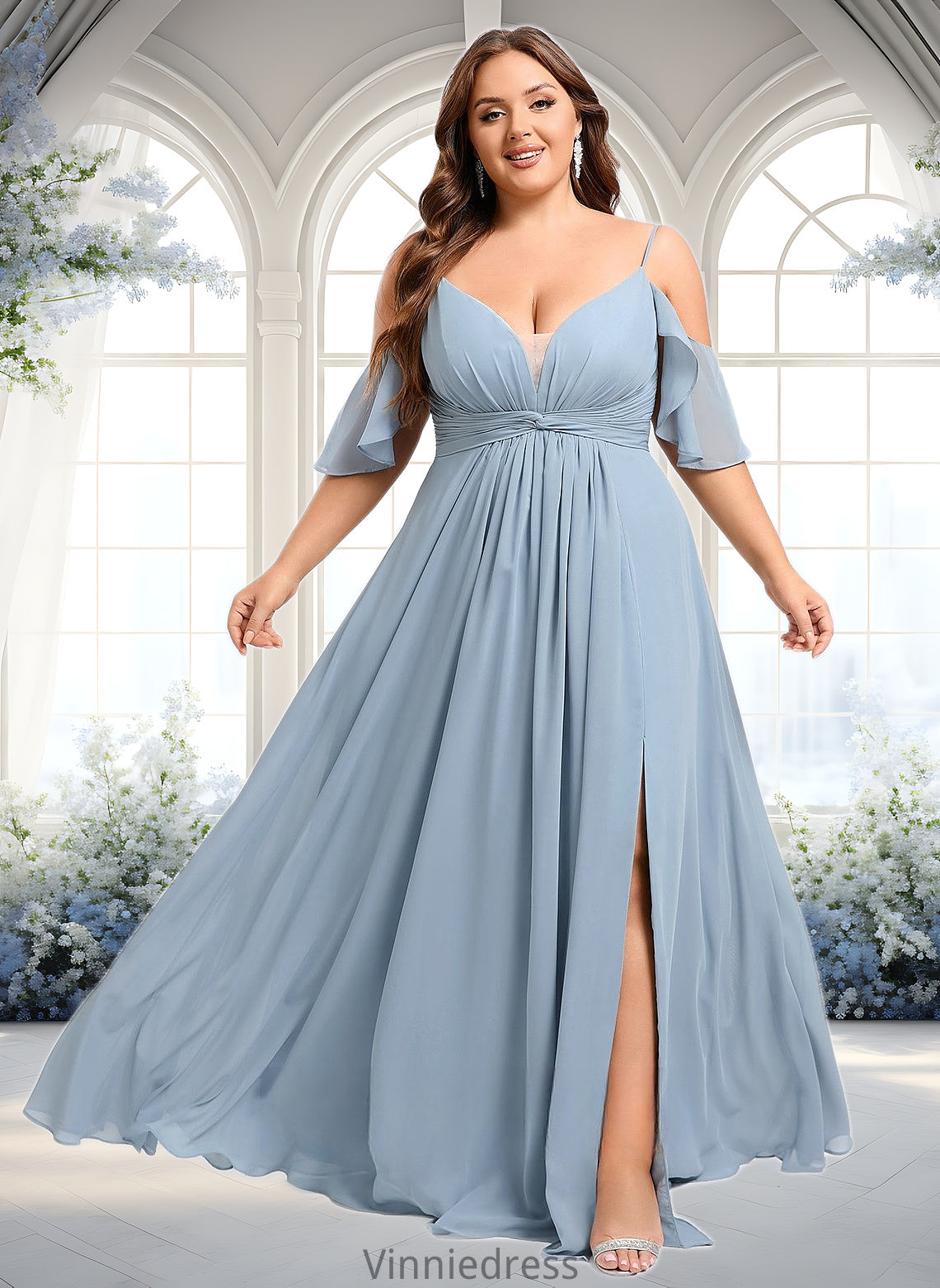 Dalia A-line Cold Shoulder Floor-Length Chiffon Bridesmaid Dress With Ruffle PP6P0025797