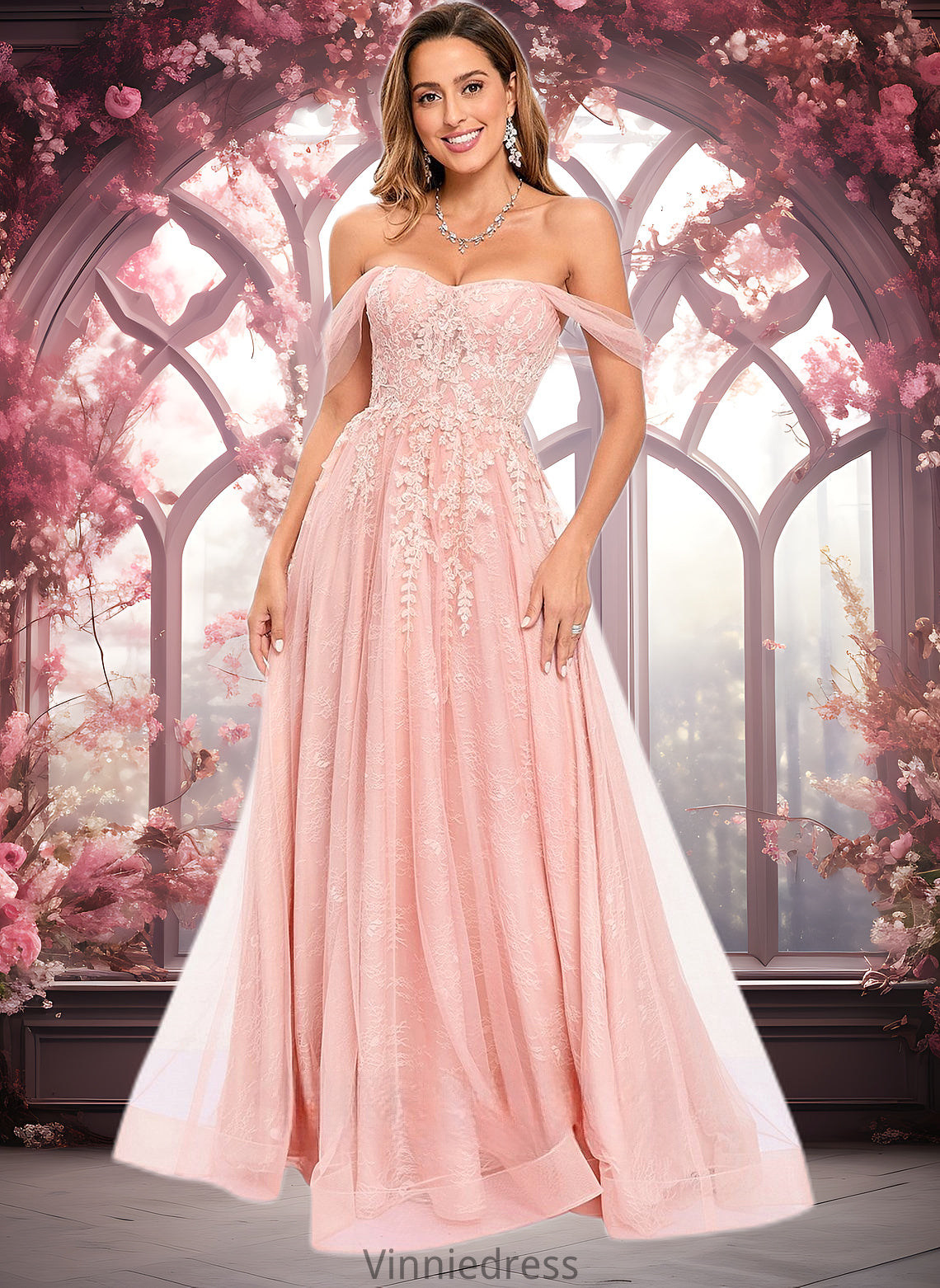 Yamilet A-line Sweetheart Off the Shoulder Floor-Length Tulle Floral Lace Prom Dresses With Appliques Lace PP6P0025870