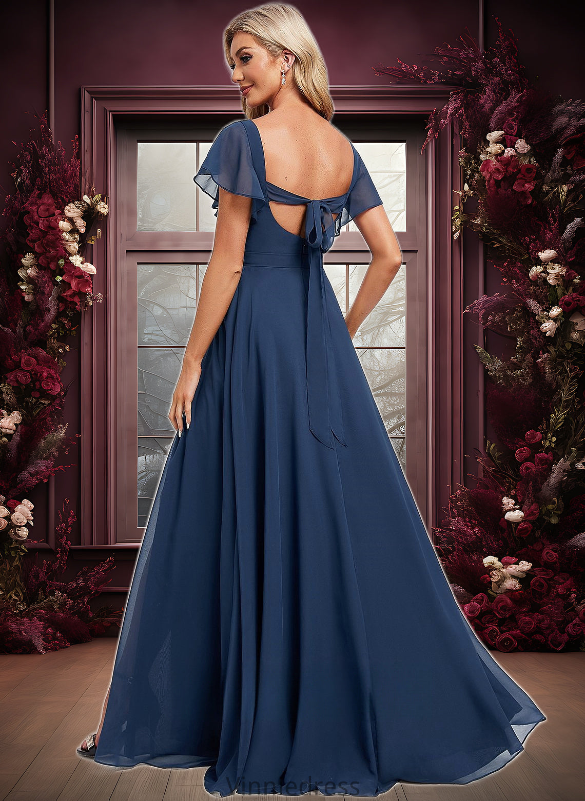 Ayla A-line V-Neck Floor-Length Chiffon Bridesmaid Dress With Ruffle PP6P0025802