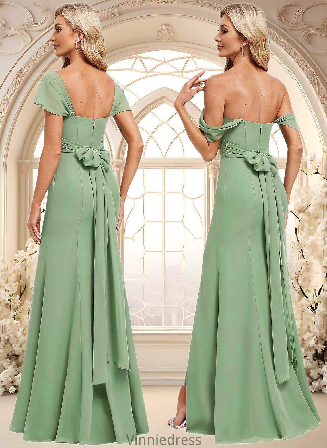 Roselyn Trumpet/Mermaid Off the Shoulder V-Neck Floor-Length Chiffon Bridesmaid Dress PP6P0025810