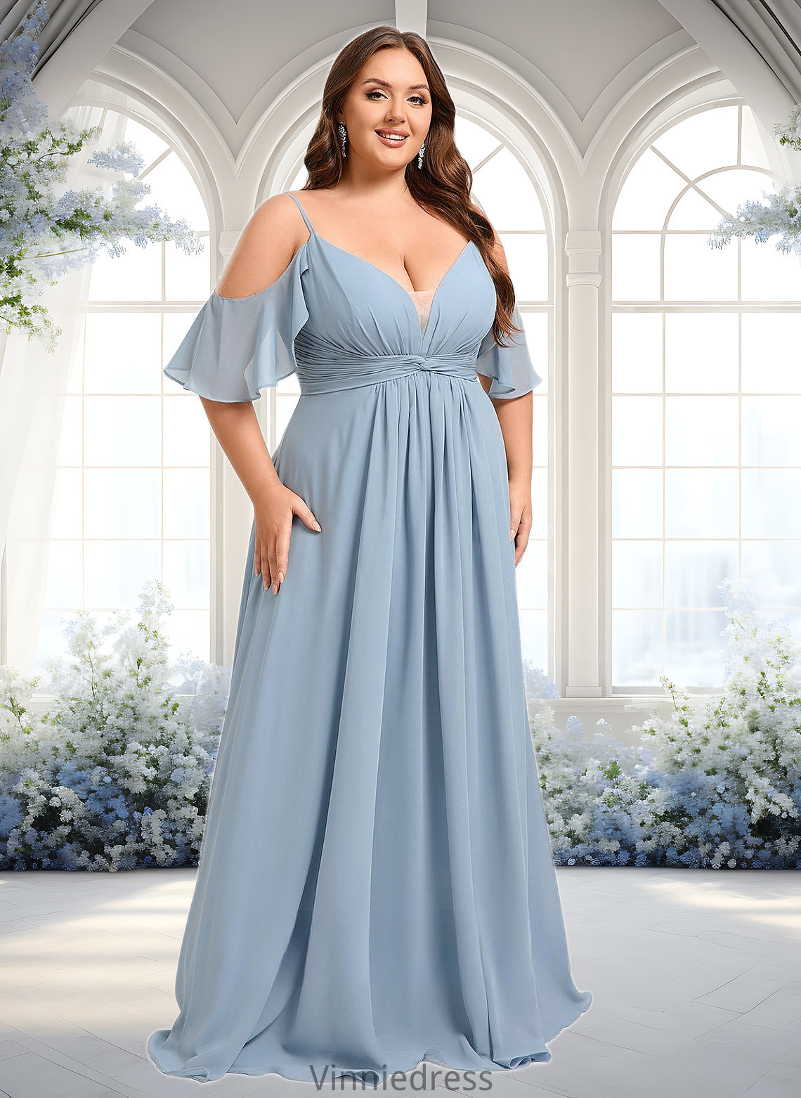 Dalia A-line Cold Shoulder Floor-Length Chiffon Bridesmaid Dress With Ruffle PP6P0025797