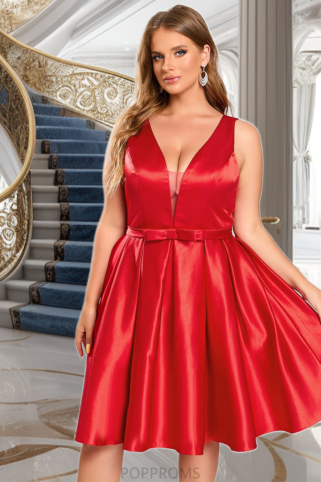 Tina A-line V-Neck Short/Mini Satin Homecoming Dress With Bow PP6P0020583