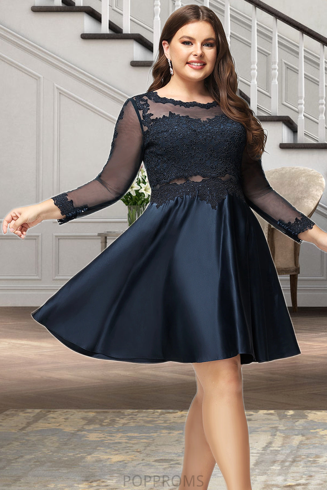 Precious A-line Scoop Short/Mini Lace Satin Homecoming Dress PP6P0020494