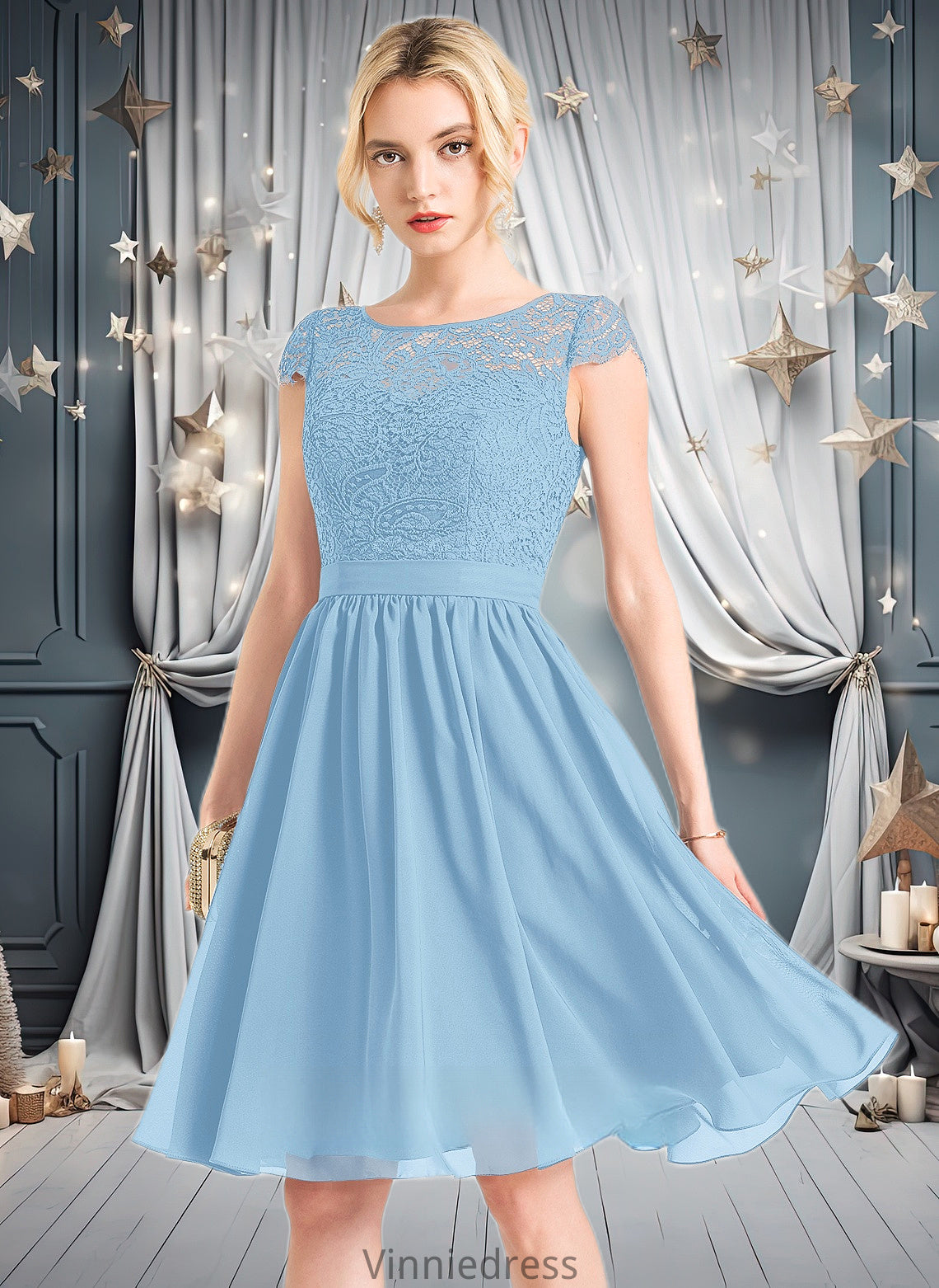 Riya A-line Scoop Knee-Length Lace Chiffon Homecoming Dress PP6P0025698