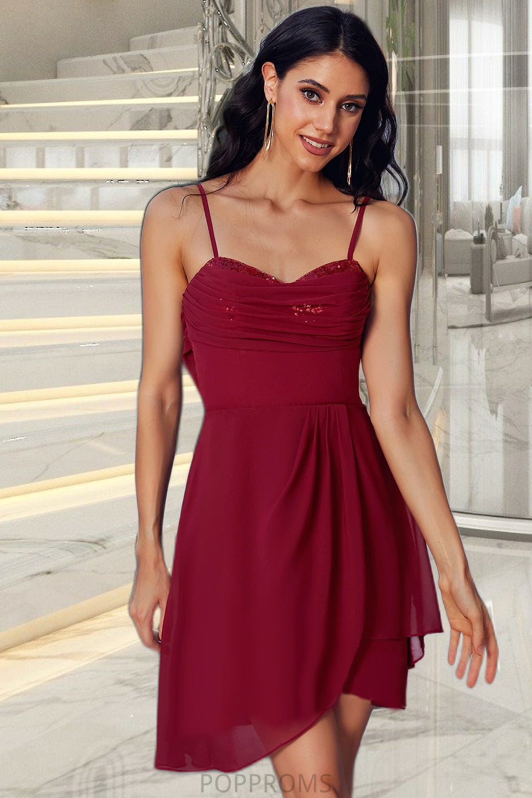 Ruby Sheath/Column V-Neck Short/Mini Jersey Sequin Homecoming Dress With Cascading Ruffles Sequins PP6P0020509