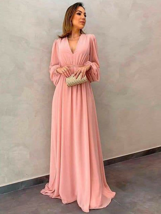 Aniyah A-Line/Princess Chiffon Ruffles V-neck Long Sleeves Sweep/Brush Train Mother of the Bride Dresses PP6P0020407