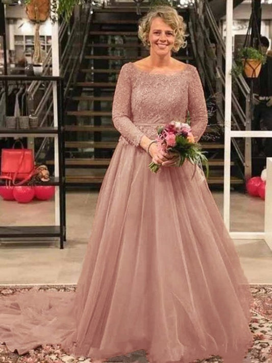 Julia A-Line/Princess Tulle Applique Scoop Long Sleeves Court Train Mother of the Bride Dresses PP6P0020413