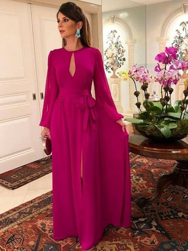 Giselle A-Line/Princess Chiffon Ruched Scoop Long Sleeves Floor-Length Mother of the Bride Dresses PP6P0020417