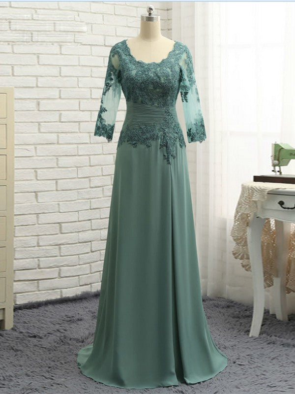 Aimee A-Line/Princess Chiffon Applique Scoop 3/4 Sleeves Sweep/Brush Train Mother of the Bride Dresses PP6P0020418