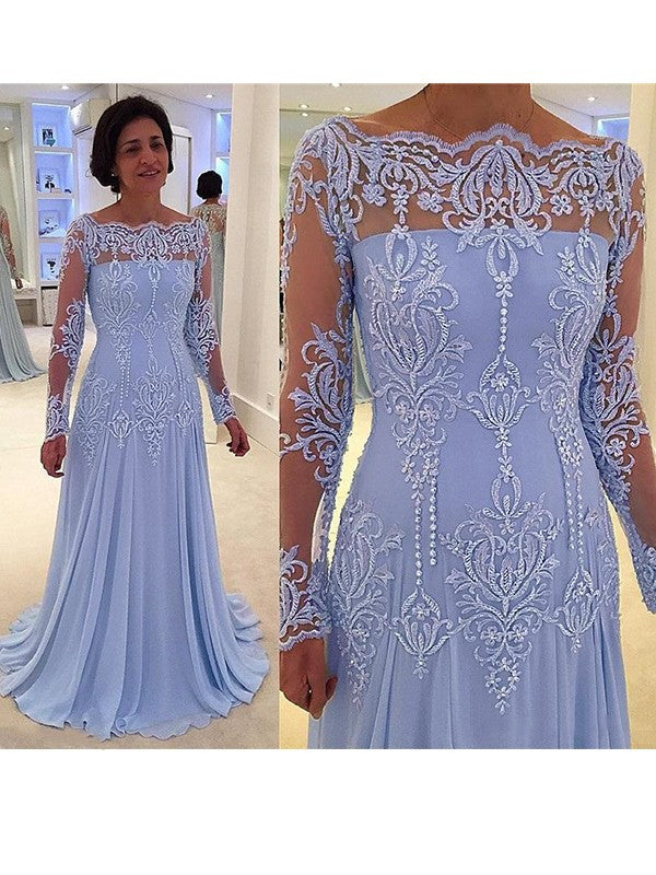 Nora A-Line/Princess Chiffon Applique Scoop Long Sleeves Sweep/Brush Train Mother of the Bride Dresses PP6P0020420