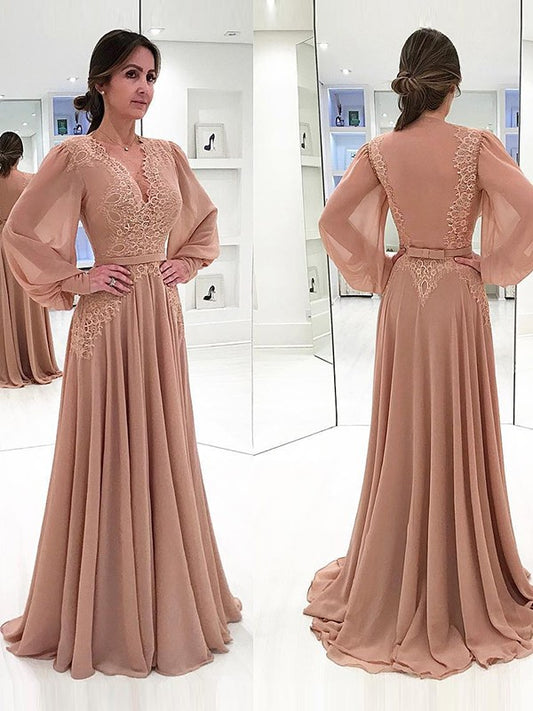 LuLu A-Line/Princess Chiffon Lace V-neck Long Sleeves Sweep/Brush Train Mother of the Bride Dresses PP6P0020421