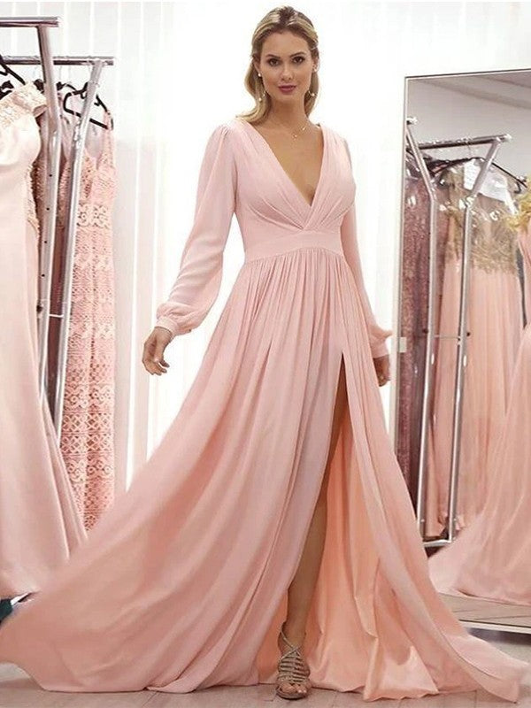 Isabelle A-Line/Princess Chiffon Ruffles V-neck Long Sleeves Sweep/Brush Train Mother of the Bride Dresses PP6P0020429