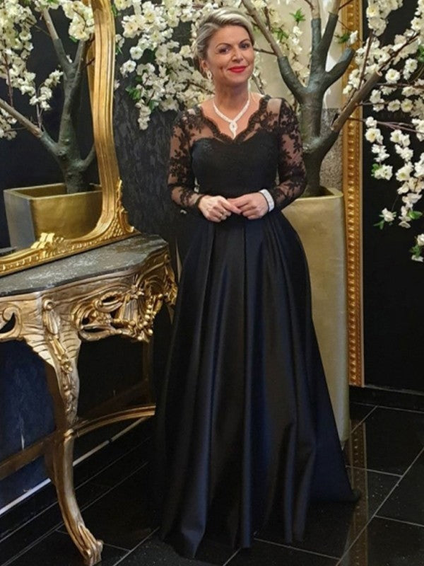 Hope A-Line/Princess Satin Lace V-neck Long Sleeves Sweep/Brush Train Mother of the Bride Dresses PP6P0020439