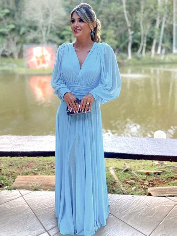 Lesly A-Line/Princess Chiffon Ruffles V-neck Long Sleeves Floor-Length Mother of the Bride Dresses PP6P0020376