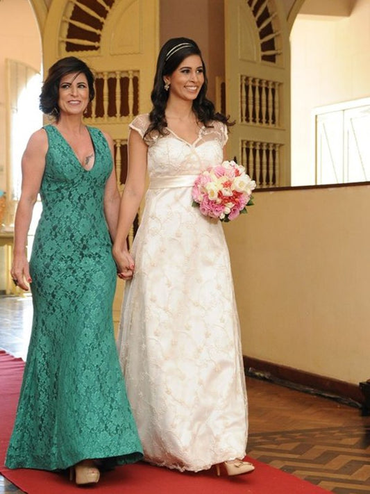 Jade Sheath/Column Lace V-neck Sleeveless Floor-Length Mother of the Bride Dresses PP6P0020447