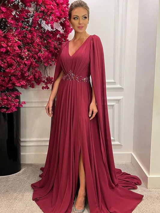 Kianna A-Line/Princess Chiffon Ruched V-neck Long Sleeves Court Train Mother of the Bride Dresses PP6P0020287