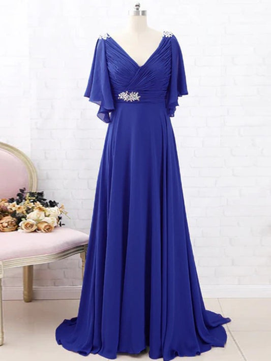 Simone A-Line/Princess Chiffon Beading V-neck Short Sleeves Sweep/Brush Train Mother of the Bride Dresses PP6P0020288