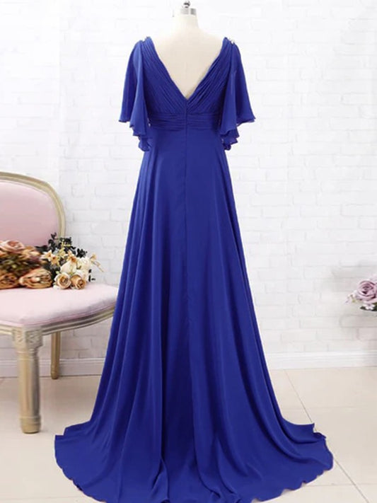 Simone A-Line/Princess Chiffon Beading V-neck Short Sleeves Sweep/Brush Train Mother of the Bride Dresses PP6P0020288