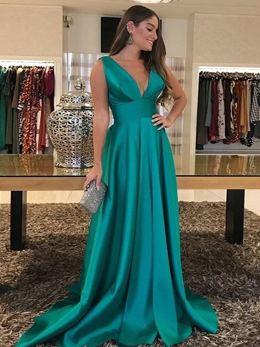 Jade A-Line/Princess Satin Ruffles V-neck Sleeveless Sweep/Brush Train Mother of the Bride Dresses PP6P0020292