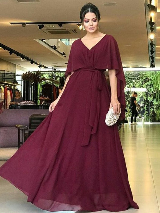 Dylan A-Line/Princess Chiffon Sash/Ribbon/Belt V-neck Short Sleeves Floor-Length Mother of the Bride Dresses PP6P0020293