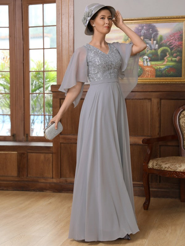 Angelique A-Line/Princess Chiffon Applique V-neck 1/2 Sleeves Floor-Length Mother of the Bride Dresses PP6P0020334