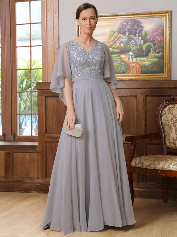 Angelique A-Line/Princess Chiffon Applique V-neck 1/2 Sleeves Floor-Length Mother of the Bride Dresses PP6P0020334