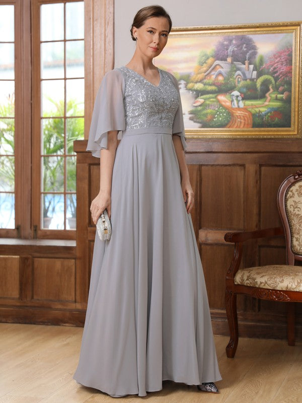 Angelique A-Line/Princess Chiffon Applique V-neck 1/2 Sleeves Floor-Length Mother of the Bride Dresses PP6P0020334