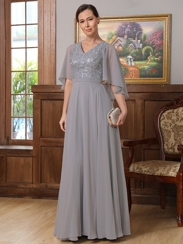 Angelique A-Line/Princess Chiffon Applique V-neck 1/2 Sleeves Floor-Length Mother of the Bride Dresses PP6P0020334