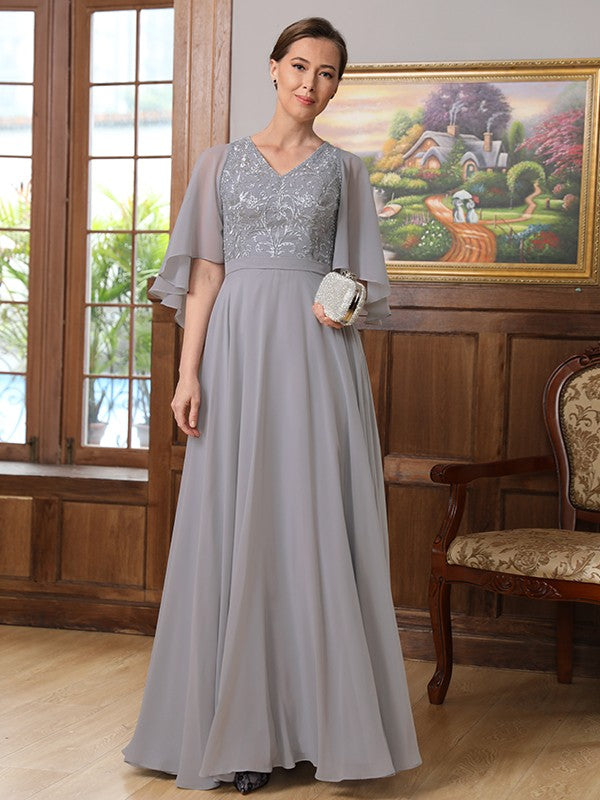 Angelique A-Line/Princess Chiffon Applique V-neck 1/2 Sleeves Floor-Length Mother of the Bride Dresses PP6P0020334