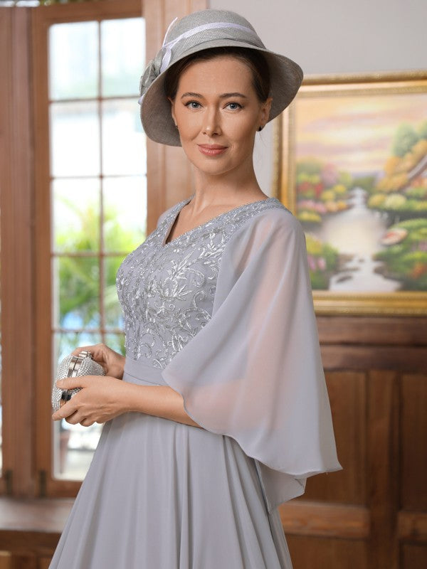 Angelique A-Line/Princess Chiffon Applique V-neck 1/2 Sleeves Floor-Length Mother of the Bride Dresses PP6P0020334