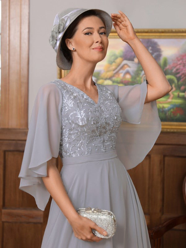 Angelique A-Line/Princess Chiffon Applique V-neck 1/2 Sleeves Floor-Length Mother of the Bride Dresses PP6P0020334