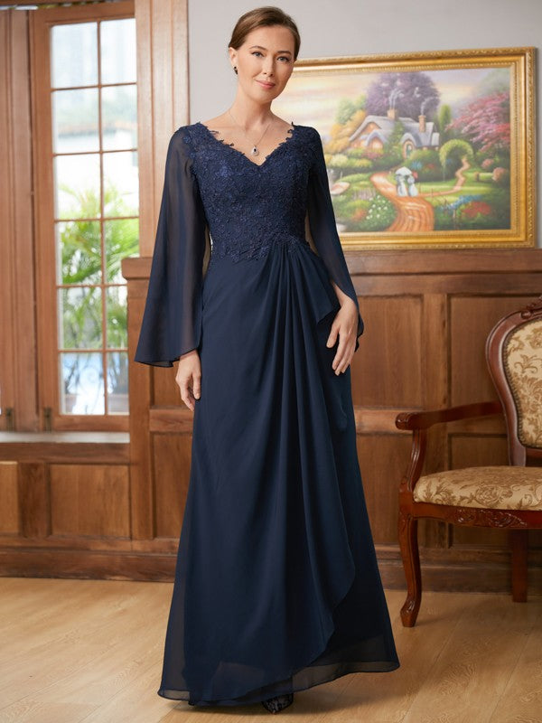 Victoria A-Line/Princess Chiffon Applique V-neck Long Sleeves Floor-Length Mother of the Bride Dresses PP6P0020335