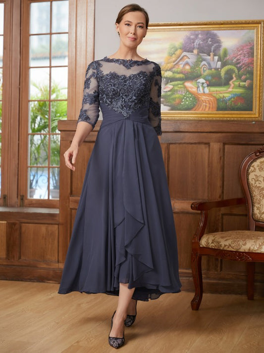 Addison A-Line/Princess Chiffon Applique Scoop 3/4 Sleeves Asymmetrical Mother of the Bride Dresses PP6P0020346