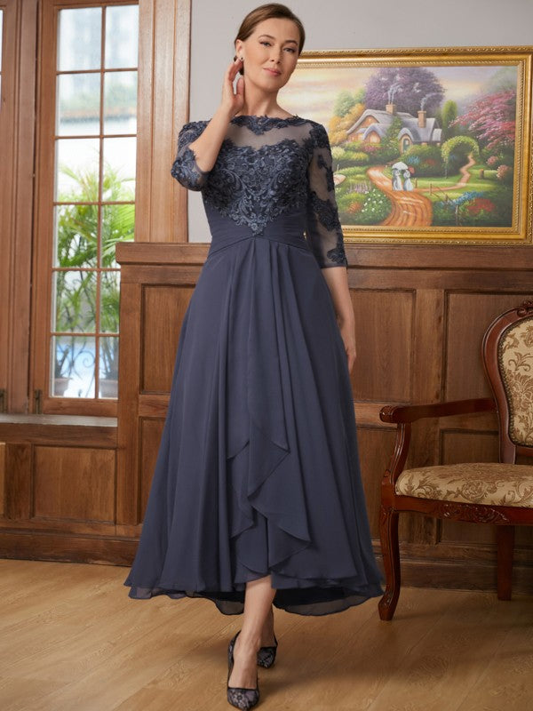 Addison A-Line/Princess Chiffon Applique Scoop 3/4 Sleeves Asymmetrical Mother of the Bride Dresses PP6P0020346