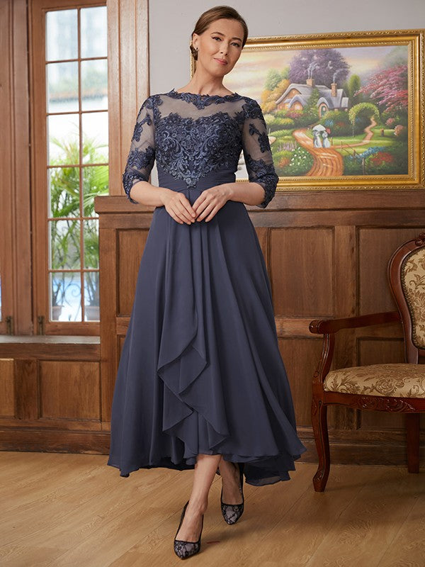 Addison A-Line/Princess Chiffon Applique Scoop 3/4 Sleeves Asymmetrical Mother of the Bride Dresses PP6P0020346