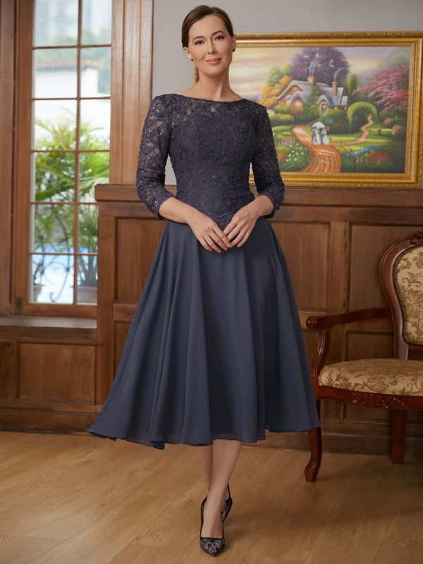 Lily A-Line/Princess Chiffon Lace Scoop 3/4 Sleeves Tea-Length Mother of the Bride Dresses PP6P0020347