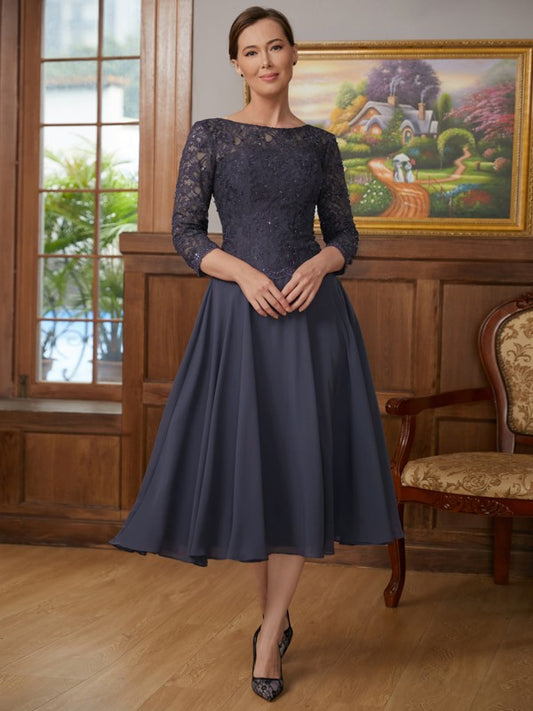 Lily A-Line/Princess Chiffon Lace Scoop 3/4 Sleeves Tea-Length Mother of the Bride Dresses PP6P0020347