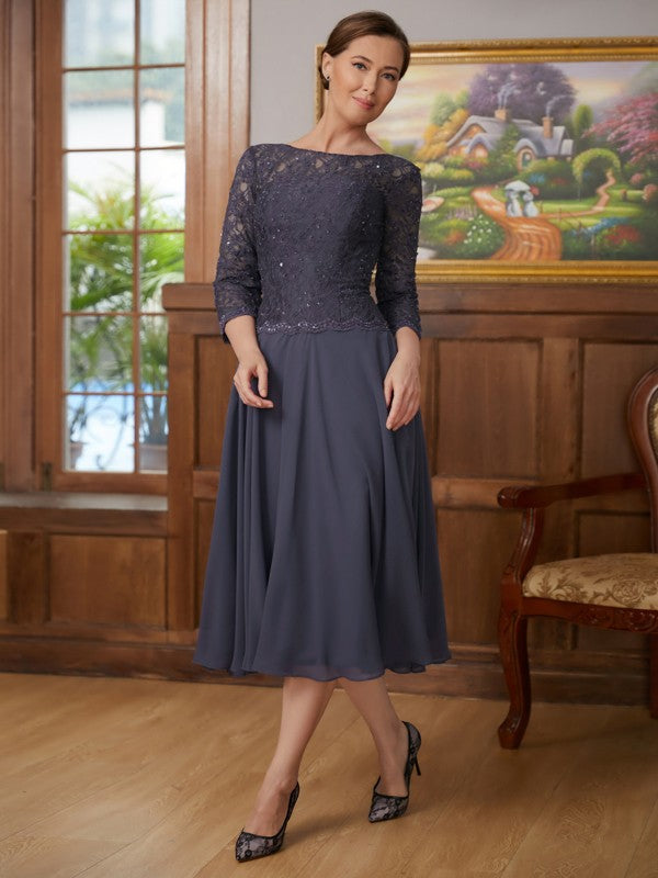 Lily A-Line/Princess Chiffon Lace Scoop 3/4 Sleeves Tea-Length Mother of the Bride Dresses PP6P0020347