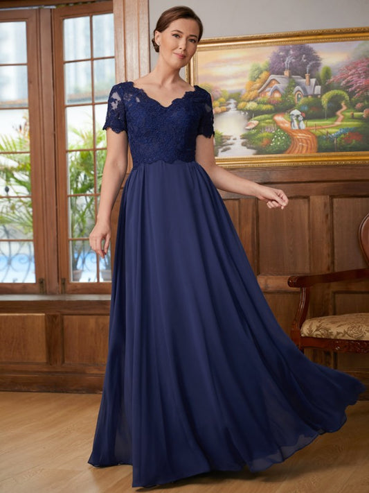 Elliana A-Line/Princess Chiffon Lace V-neck Short Sleeves Floor-Length Mother of the Bride Dresses PP6P0020311