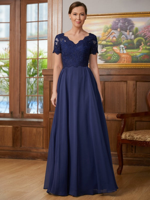 Elliana A-Line/Princess Chiffon Lace V-neck Short Sleeves Floor-Length Mother of the Bride Dresses PP6P0020311