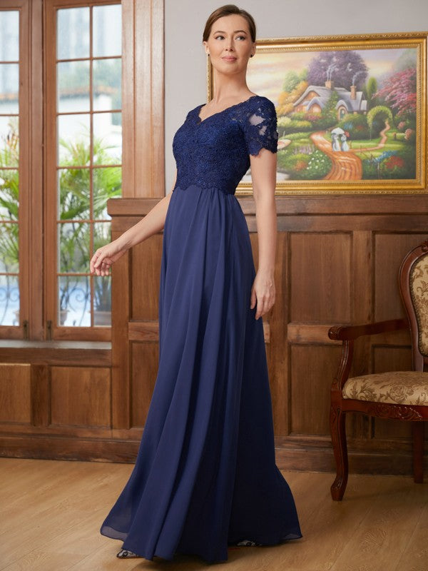 Elliana A-Line/Princess Chiffon Lace V-neck Short Sleeves Floor-Length Mother of the Bride Dresses PP6P0020311