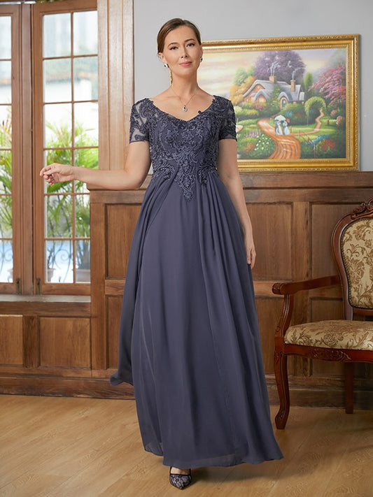 Abagail A-Line/Princess Chiffon Applique V-neck Short Sleeves Floor-Length Mother of the Bride Dresses PP6P0020337